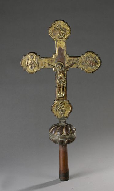 null PROCESSION CROSS with wooden core decorated with embossed and gilded copper...