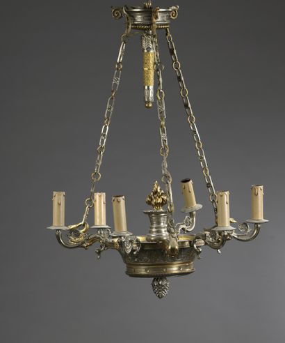null Silver plated and partially gilded metal suspension with six lights and swans,...