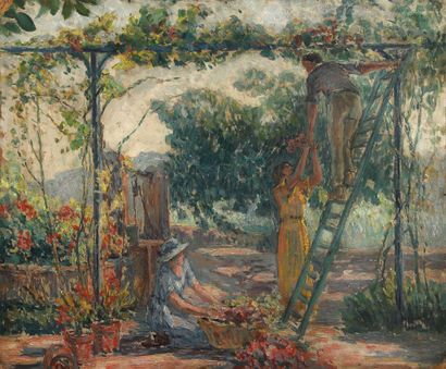 null POST-IMPRESSIONIST school 

Family gathering flowers under the pergola 

Oil...