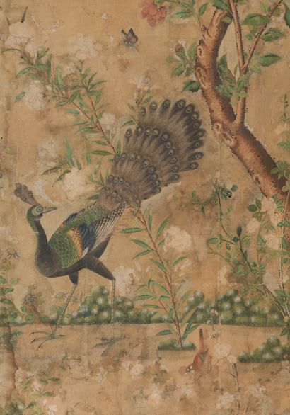 null SET OF TEN PAINTED PAPER PANELS, marouflaged on canvas with extreme oriental...