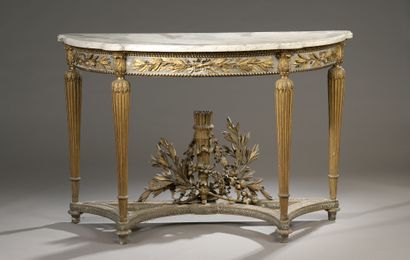 null GRANDE CONSOLE demi-lune en chêne doré et laqué gris à décor de feuilles de...