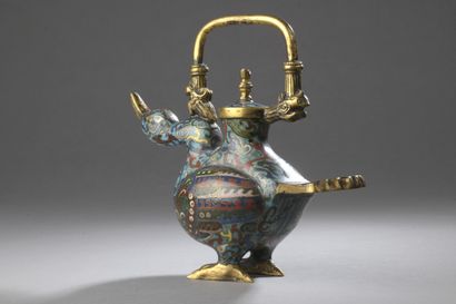 null Gilt bronze and cloisonne enamel JUG in the form of a standing duck, head raised,...