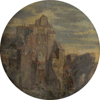 École ALLEMANDE du XVIIe siècle 
Vue de ville imaginaire 
Toile. 
D. 26 cm