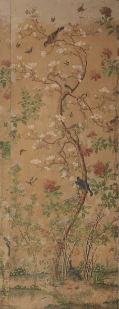 null SET OF TEN PAINTED PAPER PANELS, marouflaged on canvas with extreme oriental...