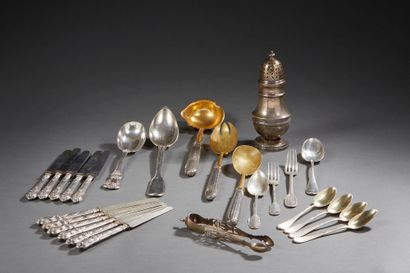 null Lot including a silver stewing spoon 1st title 950‰, filets model, four silver...