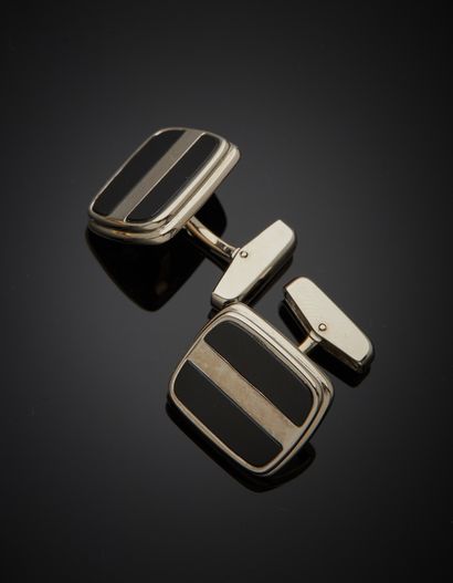 null P. G. BRUN - Pair of 18K white gold 750‰ tonneau-shaped cufflinks adorned with...