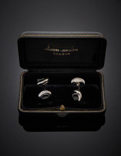 null PIAGET - Pair of 18K white gold 750‰ double cufflinks adorned with ovoid motifs...