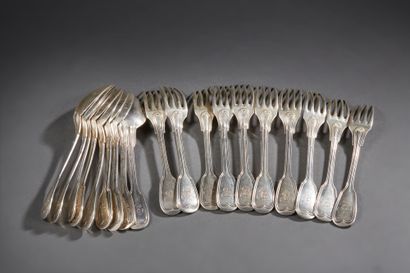 null Ten forks and nine spoons in silver 1st title 950‰, filets model, figured. Dents...