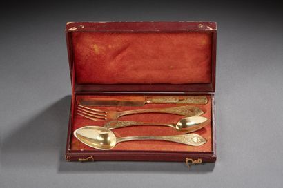 null Silver dessert set 2nd title 800‰ and vermeil, with cartouches and chased flowers...