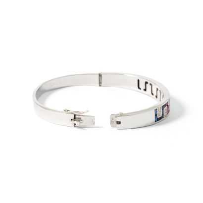 null 18K white gold 750‰ band bracelet, set on top with brilliant-cut diamonds, sapphires,...