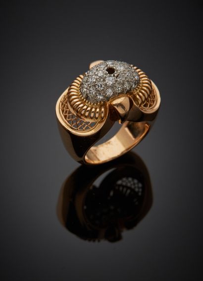 null 18K yellow gold 750‰ and platinum 850‰ dome ring, adorned with eight-eighths-cut...