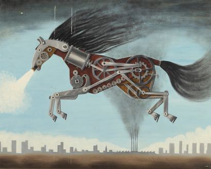  Lucien MATHELIN (1905-1981) 
Le cheval vapeur, 1974 
Huile sur panneau d'isorel....