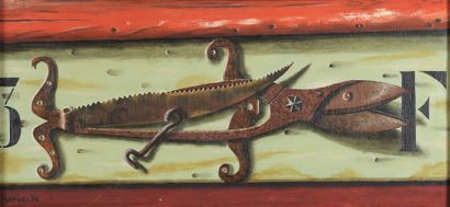  Lucien MATHELIN (1905-1981) 
Le poisson scie, 1980 
Huile sur panneau. 
Signée en...