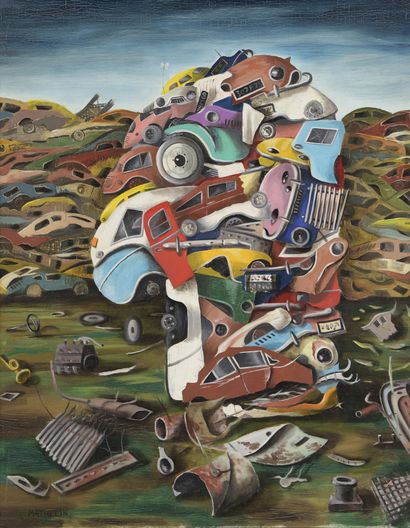  Lucien MATHELIN (1905-1981) 
Autos compressées ou Tête Auto, 1974 
Huile sur toile....