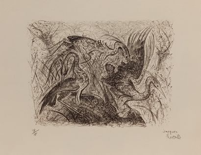 null Lot including :

- Jacques LESTRILLE (1904-1985), the birds, lithograph signed...