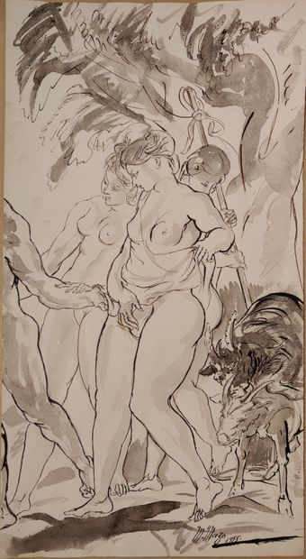 null Maurice MAZO (1901-1989)

Three naked women standing, accompanied by two ibexes,...