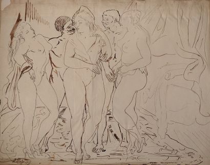 null Maurice MAZO (1901-1989)

Trois femmes et deux hommes nus debout

1955

Plume...
