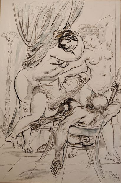 null Maurice MAZO (1901-1989)

Deux courtisanes debout charmant un faune assis

1979

Encre...