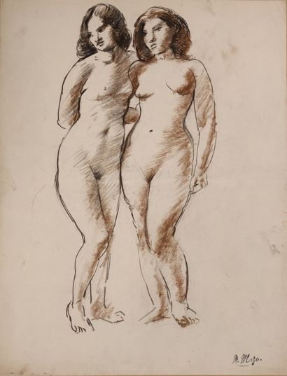  Maurice MAZO (1901-1989) 
Deux femmes nues debout de face côte à côte 
Fusain noir...