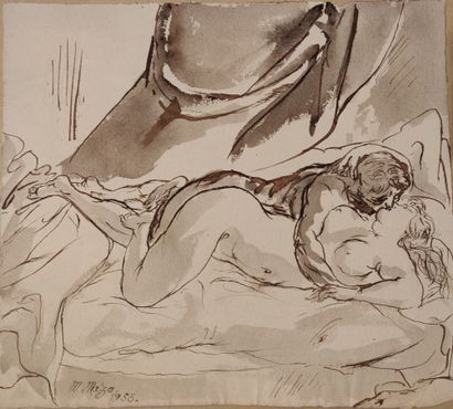 null Maurice MAZO (1901-1989)

Naked couple embracing on a bed

1958

Pen and wash

Signed...