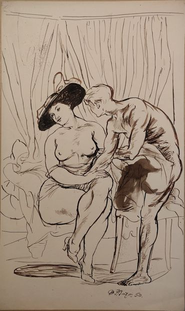 null Maurice MAZO (1901-1989)

Jeune femme nue assise coiffée d’un grand chapeau

1960

Encre

Signé...