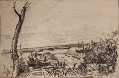  Maurice MAZO (1901-1989) 
Le Port d’Oran (?) – Paysage portuaire 
1928 
Crayon et...