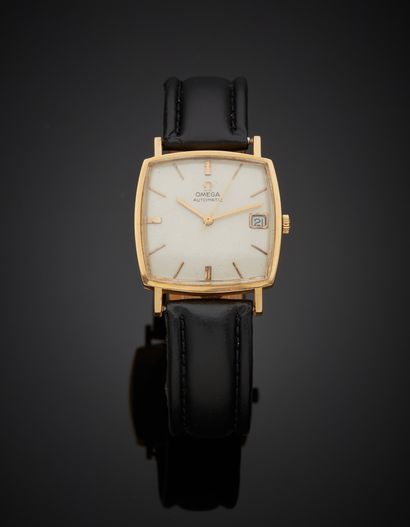 null OMEGA - Men's 18K yellow gold 750‰ cushion-shaped wristwatch, white dial, baton...