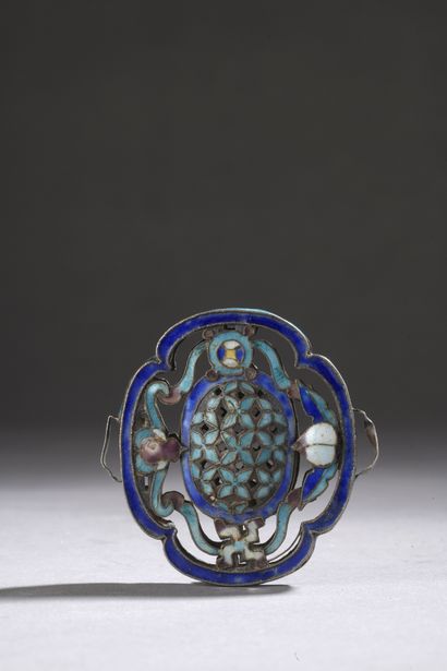 null Enameled silver ornament in imitation of kingfisher feathers, decorated with...