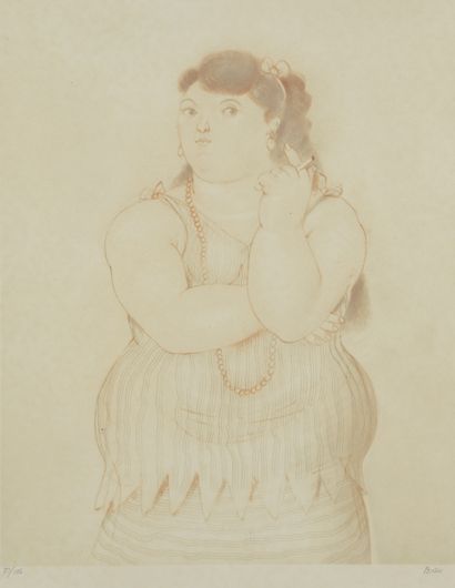  Fernando BOTERO (1932) 
Elegant woman with a cigarette, 1984 
Lithograph in brown...