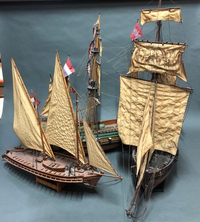 Three models of sailboats in wood and fabric,...