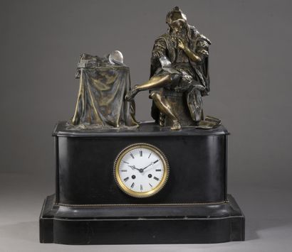 null Thinker clock in patinated bronze, black marble base. 

White enamel dial. 

19th...