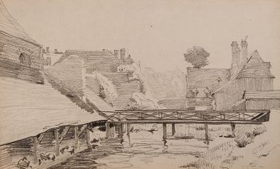 null Ecole française du XIXe siècle

Les ponts, les barques à quai, paysage d'hiver

Deux...
