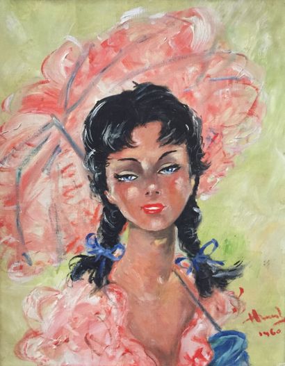 null Dans le goût de Jean-Gabriel DOMERGUE 

Portrait de femme à l'ombrelle, 1960

Huile...