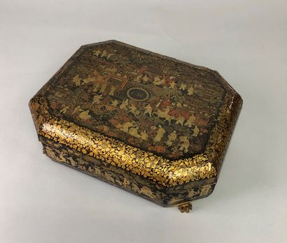 null Blackened wood box with gold and red painted decoration of animated Chinese...