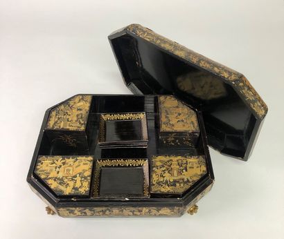 null Blackened wood box with gold and red painted decoration of animated Chinese...