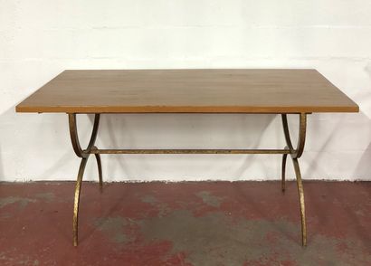 null Table, wrought iron legs with golden patina, wooden top, two extensions. 

75.5...