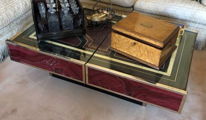 null Rectangular coffee table in gilded brass and veneer in imitation of marble,...