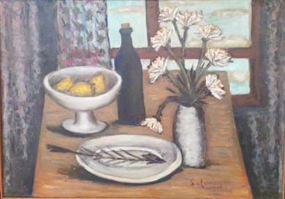 null Jean-Claude SALOMON (1928)

Still life with fruits, flowers and fish, 1955

Oil...