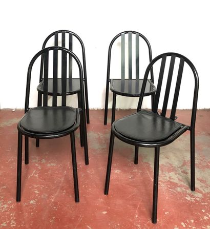 null After Robert MALLET-STEVENS

Suite of four stacking chairs in black lacquered...