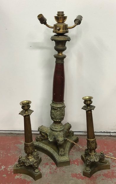 null Large marble and patinated bronze torch, the shaft decorated with palmettes...