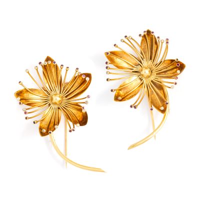 null Paire de broches clips en or jaune 18K 750‰ cerclée de diamants de taille rose...