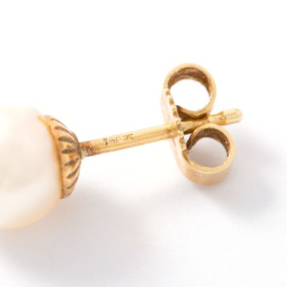 null Pair of 18K yellow gold 750‰ earrings holding one cultured pearl each.

Imperfection...