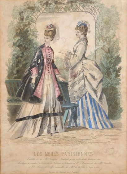 null Lot including three engravings of Parisian fashion, an oil on canvas of the...
