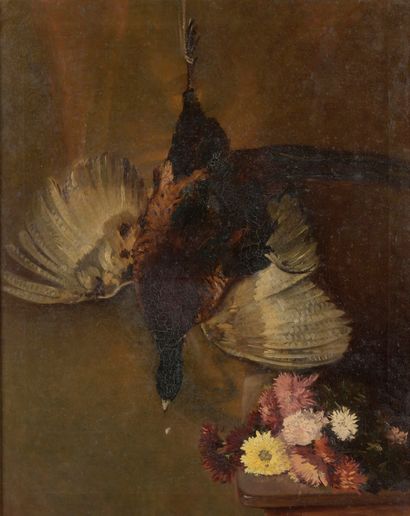 null French school of the 19th century 

Still life with pheasant and flowers 

Oil...