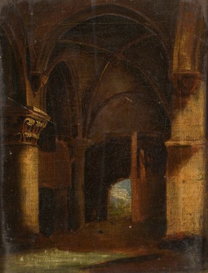 null French school of the XIXth century

Interior of a Romanesque church

Oil on...