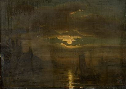 null School of the XIXth century 

Entrance to a port in the moonlight 

Oil on copper....