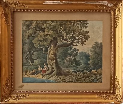 null French school of the XIXth century 

Couple near a lake 

Watercolor and gouache...