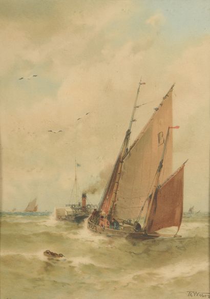 null Tehodore WEBER (1838-1907)

Bateaux en mer

Aquarelle.

Signée en bas à droite.

28...