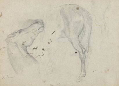 null Lot including four study drawings of horses and soldiers on the back of one...