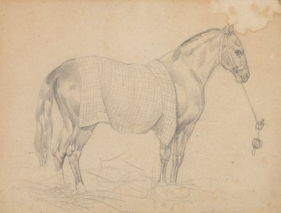 null Lot comprenant quatre dessins d’étude de chevaux et militaires au verso de l’un...